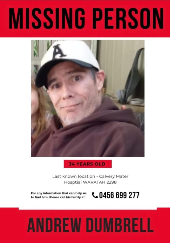 Póster de persona desaparecida con Andrew Dumbrell