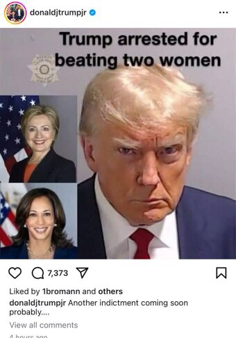 Trump's mugshot alongside images of Harris and Clinton with the words 'Trump arrested for beating two women'