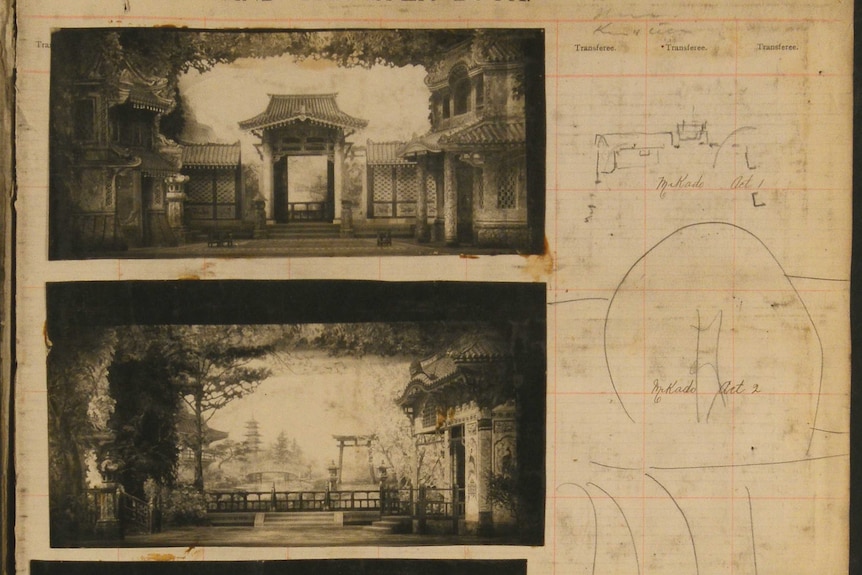 Two black and white images of the set of a theatre production, images depict a Japanese-style home and garden