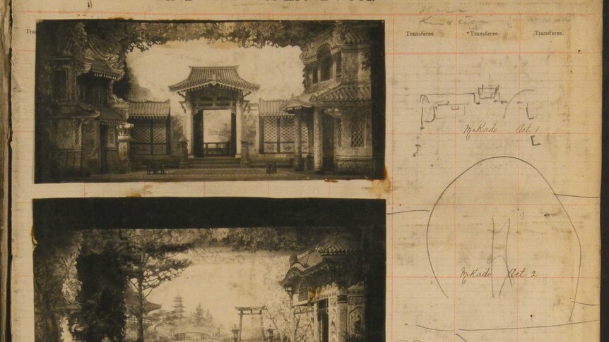 Two black and white images of the set of a theatre production, images depict a Japanese-style home and garden