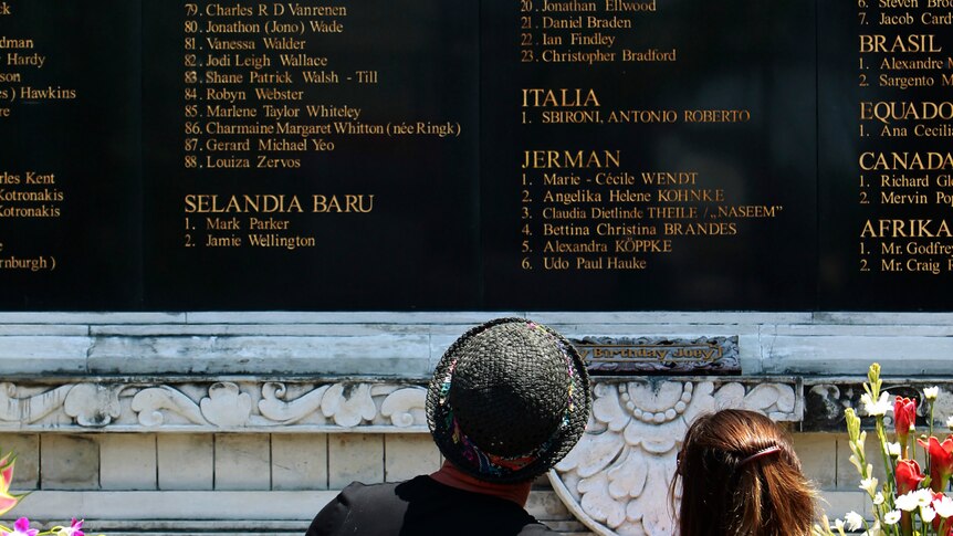 Australian relatives of the victims view the Bali Bomb Monument.