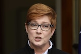 Payne talking in front of an Australian flag and an otherwise dark plain background.