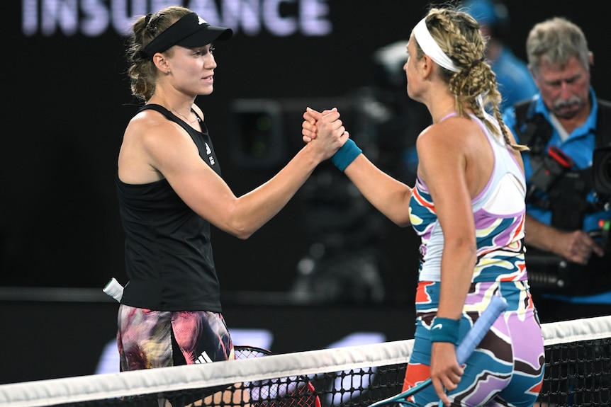 Elena Rybakina and Victoria Azarenka shake hands at the net at the Australian Open.