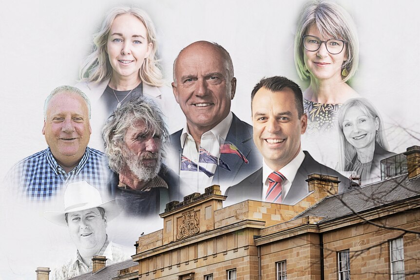 Tasmanian political candidates and Parliament House graphic.