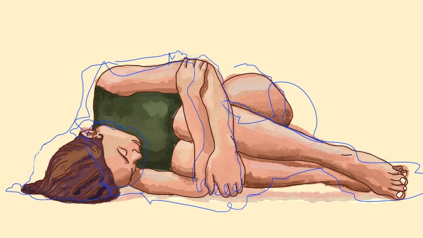 Illustration of woman curled up on the ground to depict the health consequences of body shaming women.