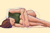 Illustration of woman curled up on the ground to depict the health consequences of body shaming women.