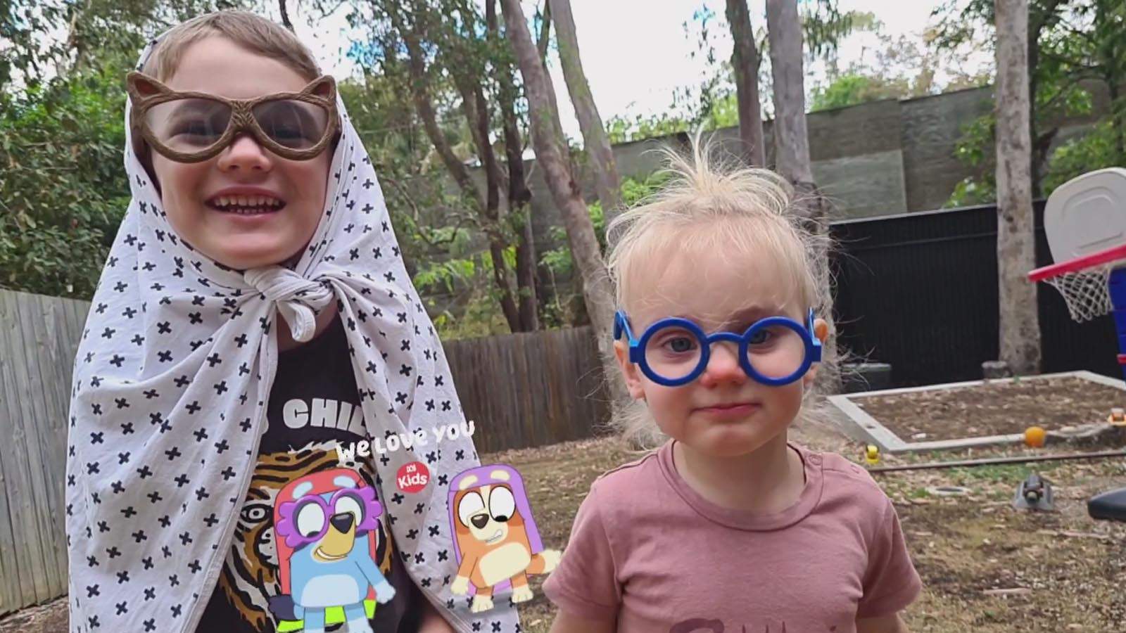 Small image of Bluey and Bingo dressed as grannies over the top of a photo of a girl and boy dressed up as grannies