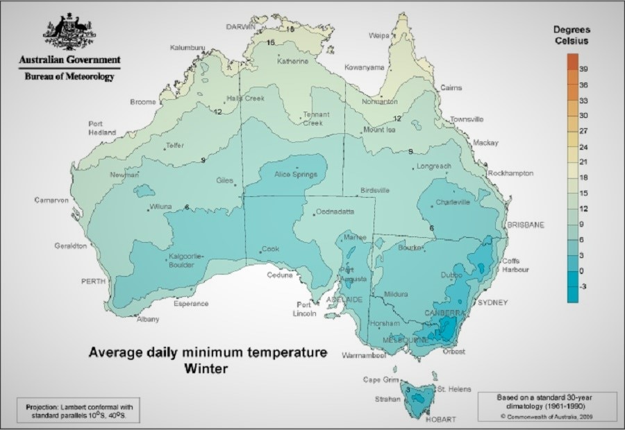 Average daily minimum temperature across Australia graph.