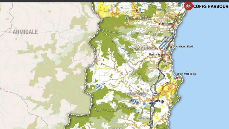 Cross hatching in blue shows potential mineral resources on draft North Coast regional Plan map.