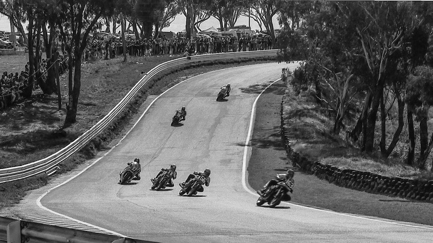 Black and white photograph of motorcycles racing at Mount Panorama, Bathurst, NSW