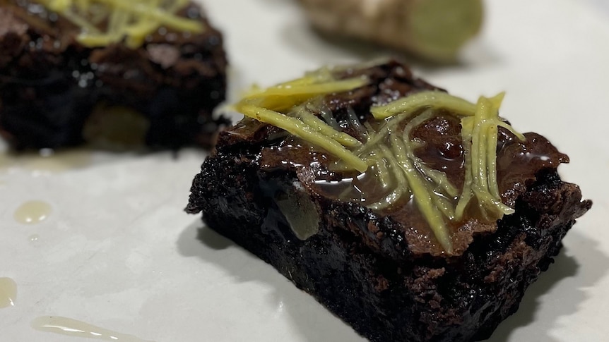 Close-up of two chocolate and ginger brownie pieces, with ginger strips on top.