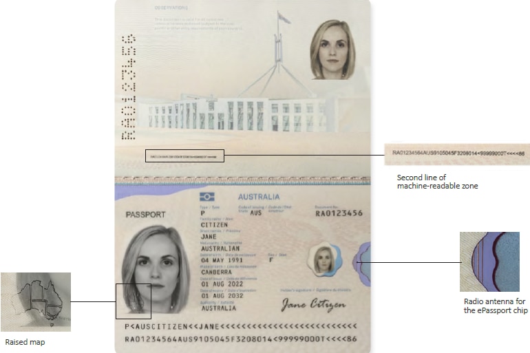 A photo of the new R Series Australian passport photo page, with annotations