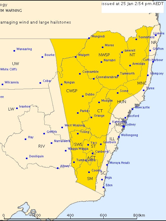 A map from the Bureau of Meteorology shows parts of New South Wales issued a thunderstorm warning.