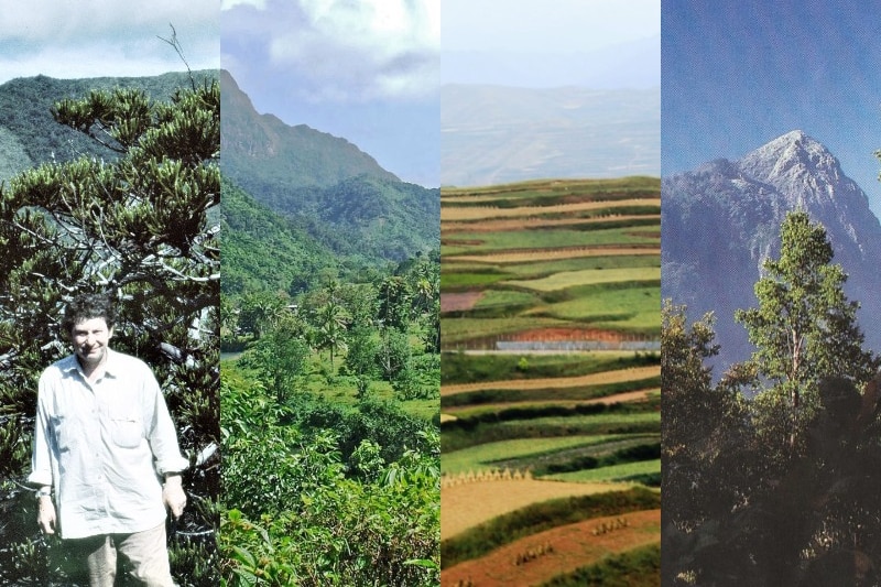 A composite of four mountain landscape photos side by side. A man stands facing the camera in the first one.