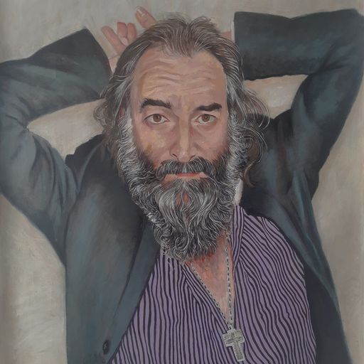 A portrait painting of a grey-haired white man with a beard wearing a purple striped shirt and dark blazer.