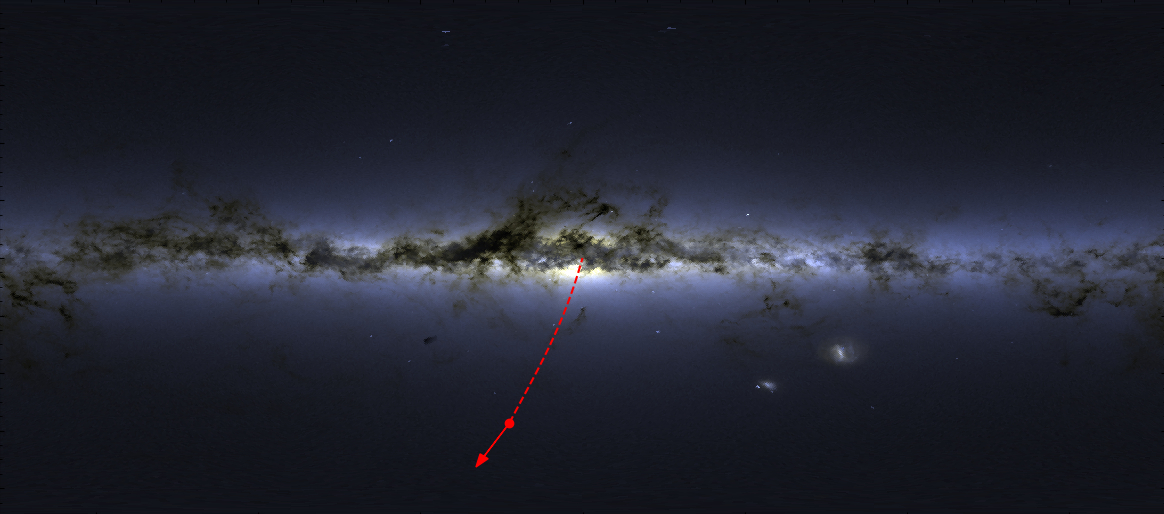 The location of S5-HSV1 in the sky and the direction of its motion