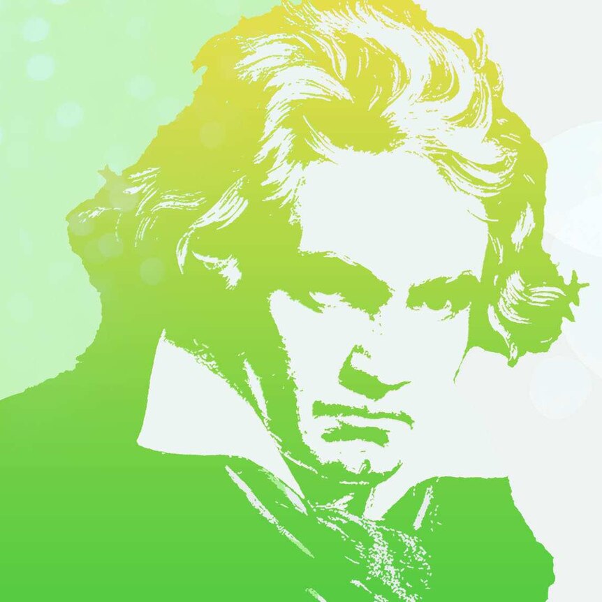 An outline of Beethoven's head in green, with the text "Beethoven 250" next to it.