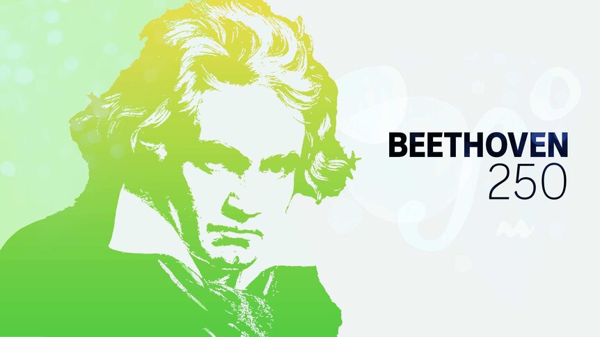 An outline of Beethoven's head in green, with the text "Beethoven 250" next to it.