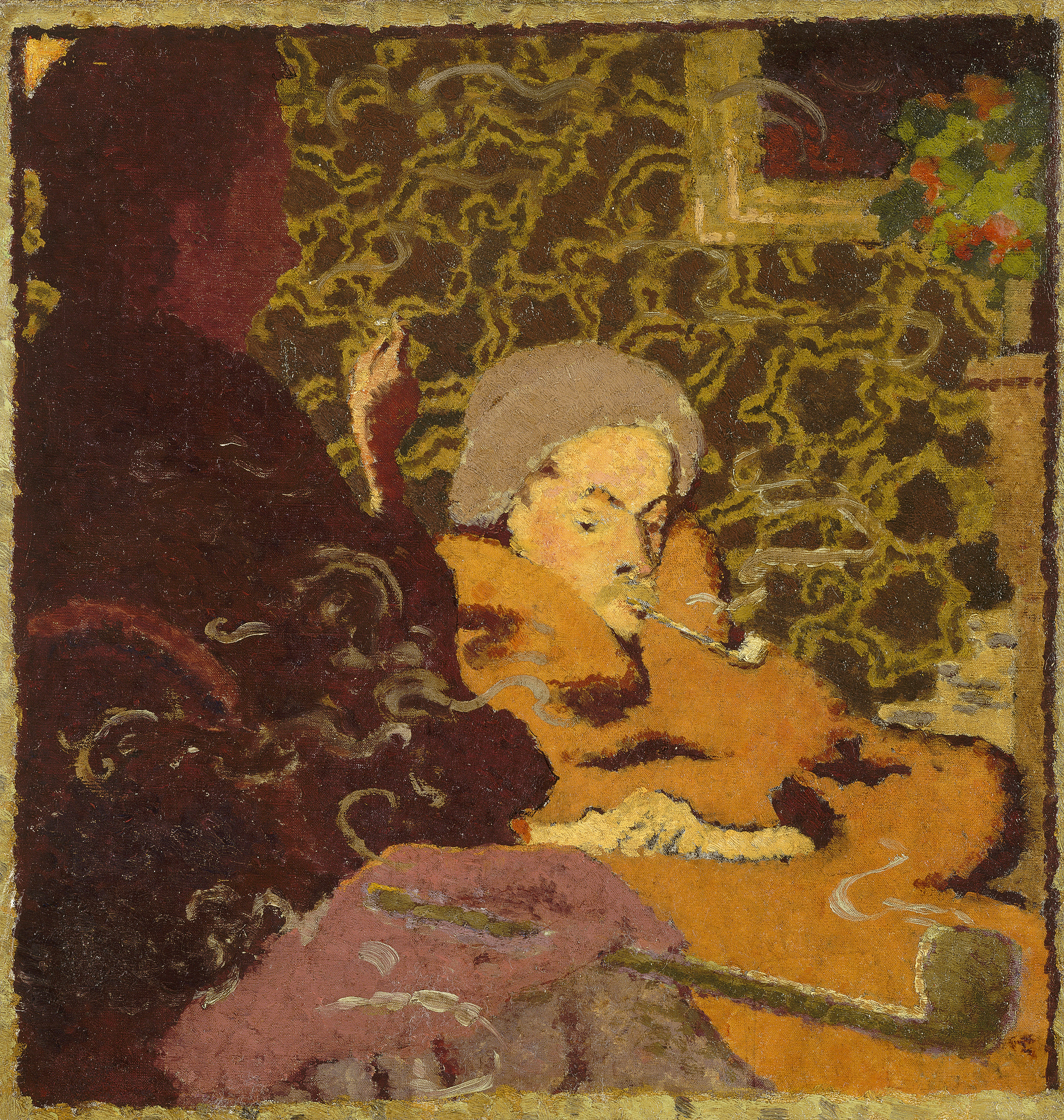 An oil painting in brown tones, showing several figures smoking in an interior.