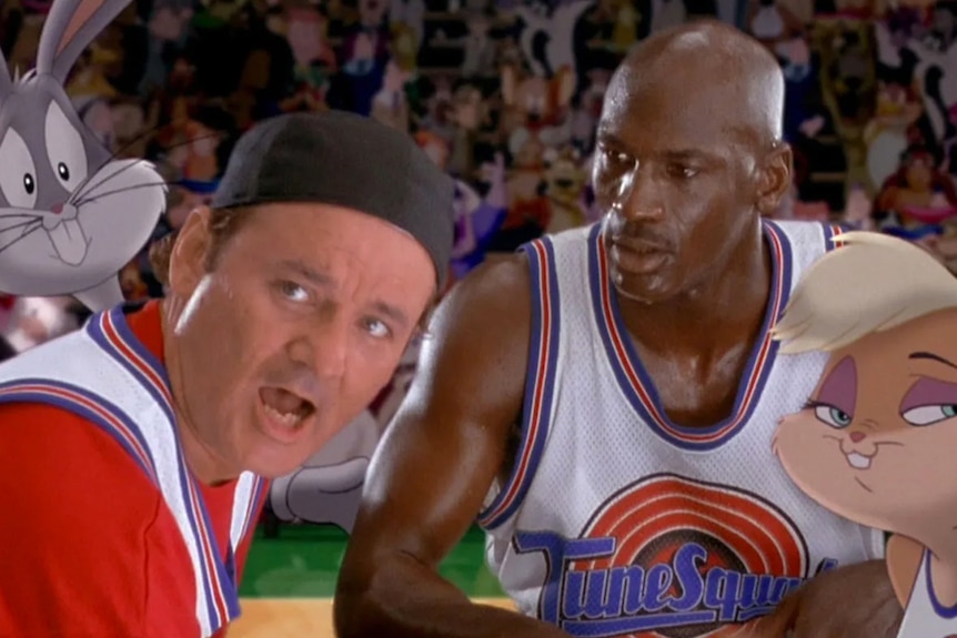 A scene from the 1996 film Space Jam featuring Michael Jordan and Bugs Bunny