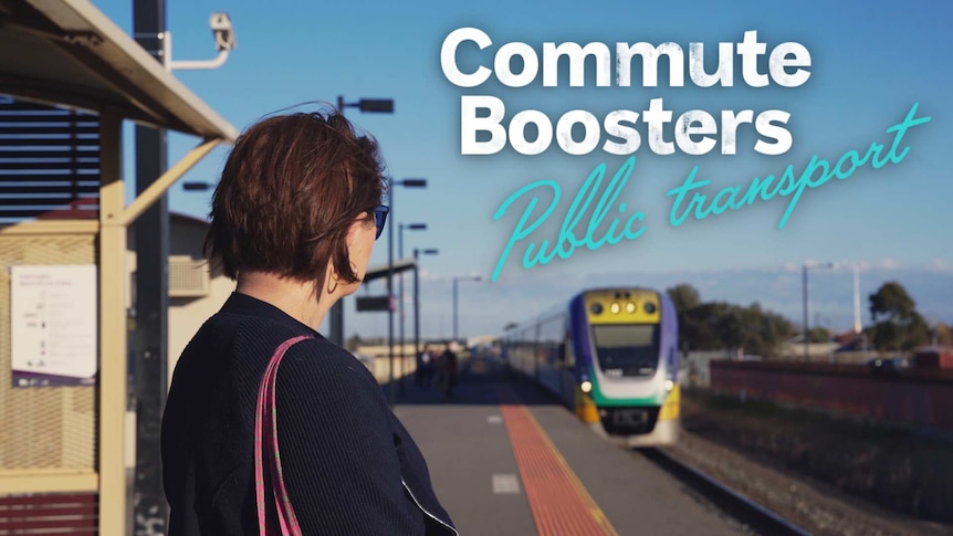 Woman waits on platform to commute to work as a train arrives, with title: Commute Boosters, Public transport