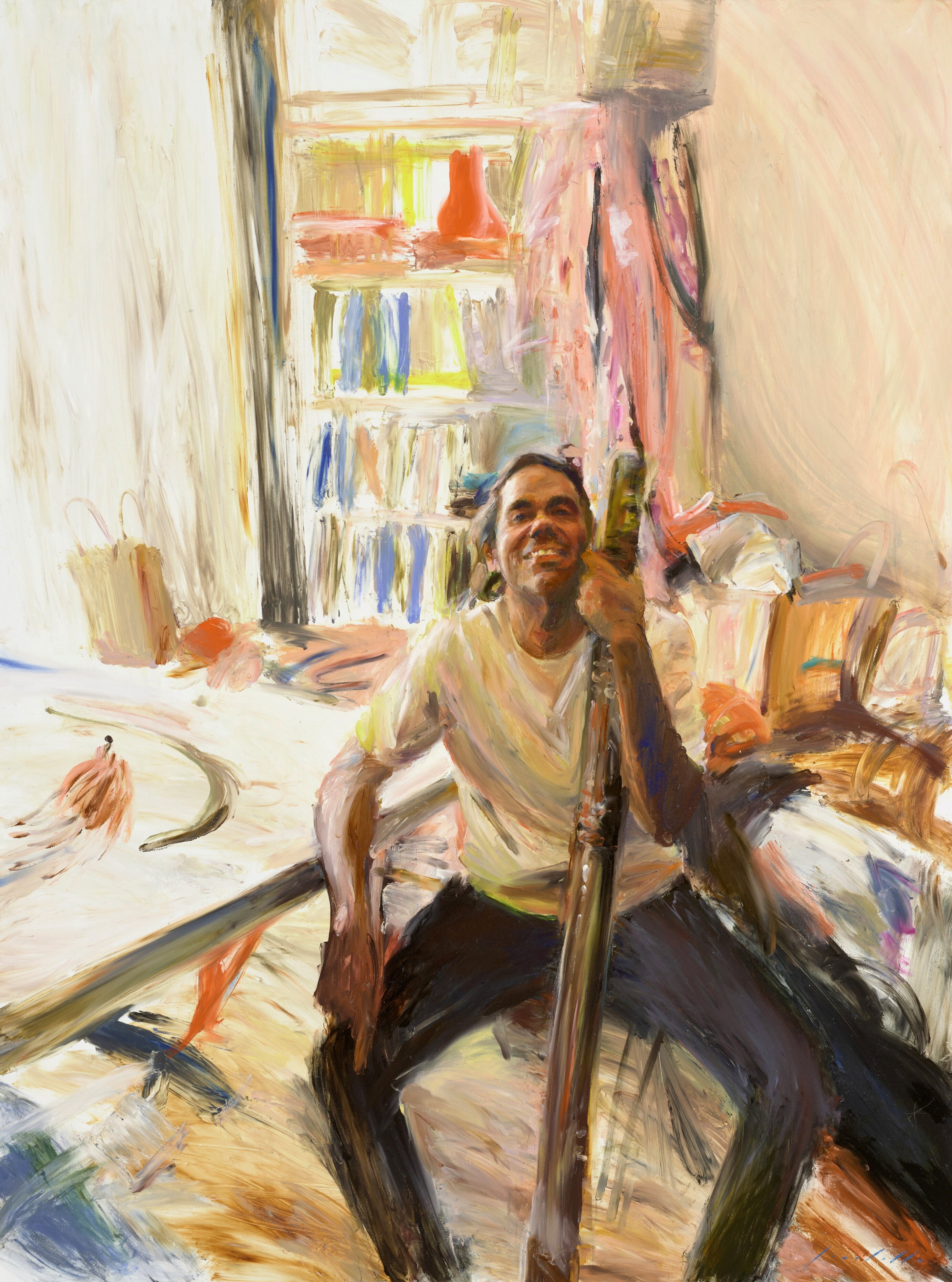 A painting of Indigenous musician William Barton in a living room, smiling brightly, holding a didgeridoo with one hand.