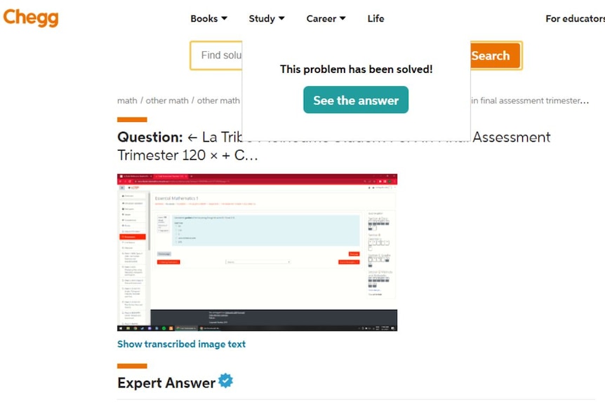 A website with Chegg logo where a screenshot of an exam question has been uploaded and a pop-up says "See the answer"