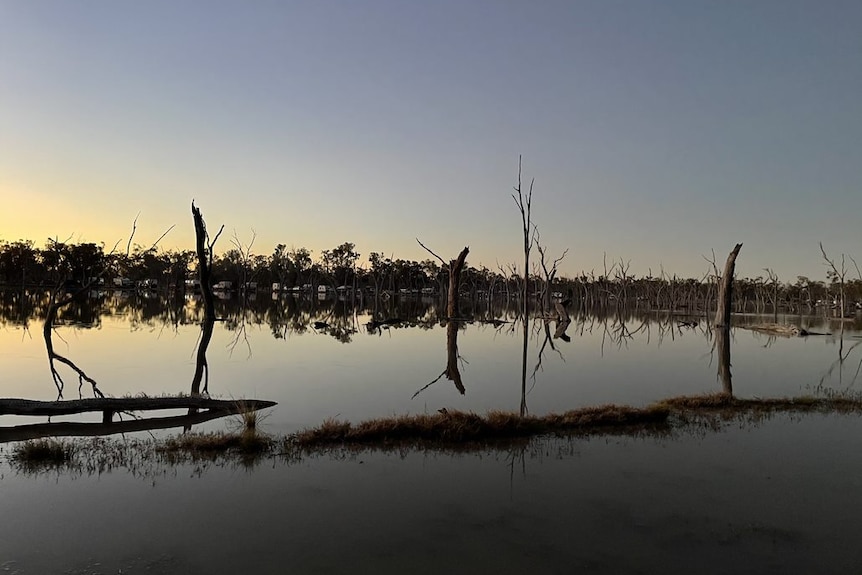 The sun sets at Lara wetlands with campers in the background