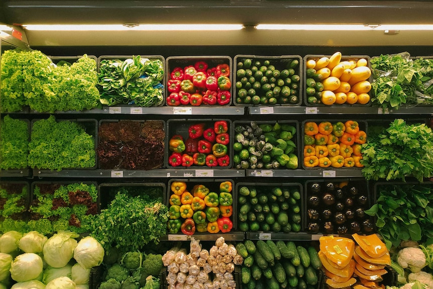 Shelves of fresh produce at a grocery store - red capsicums, cauliflower, kale and cucumbers