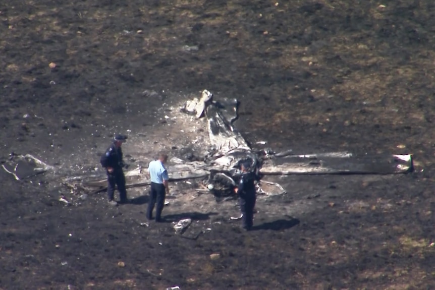 Three police officers stand near the wreckage of a plane. The grass surrounding them is burnt