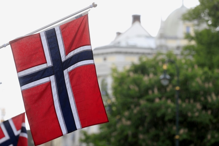 a flag hanging off a building 