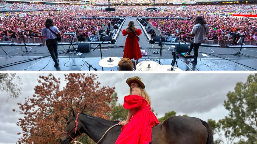 Woman in red dress on a horse. Woman in red dress on a stage with two men on either side and crowd in front