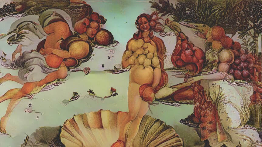 Boticelli's Birth of Venus but all the figures are made up of fruit