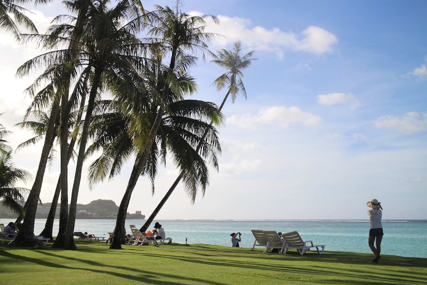 A beachfront scene in Guam, there is green grass, blue skies and palm trees. People are sitting around on deck chairs.