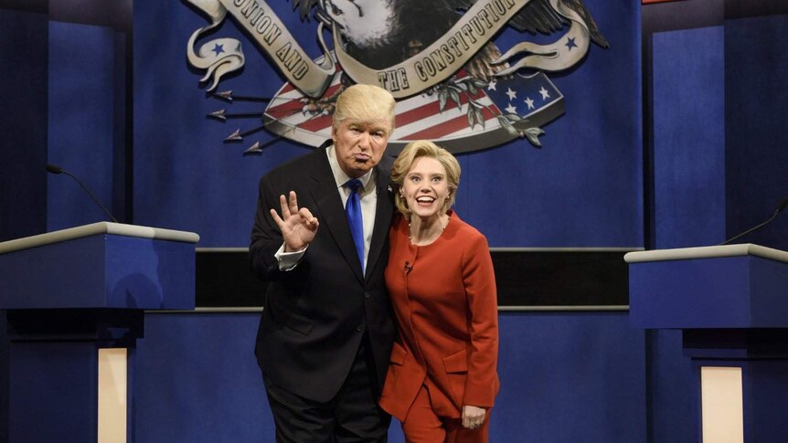 Actors Alec Baldwin as Donald Trump and Kate McKinnon as Hillary Clinton