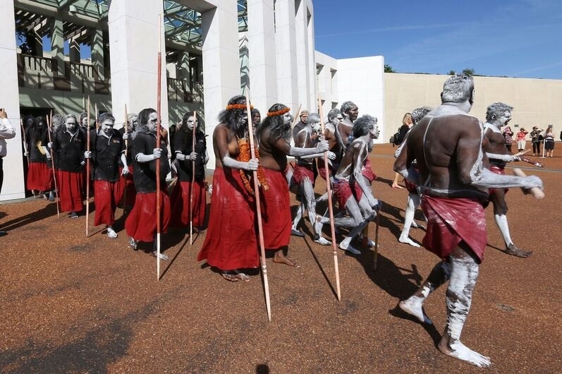 Indigenous dancers at Parliament House for the No More anti-family violence campaign