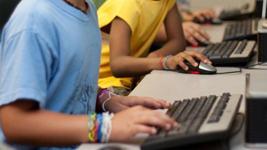 Young unidentified students using desktop computers