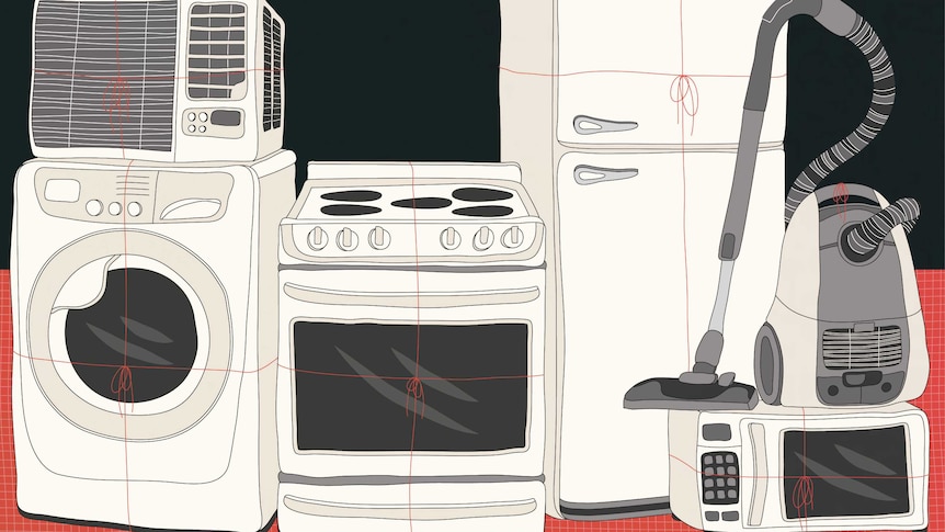 An illustration of appliances including a fridge, washing machine and vacuum cleaner.
