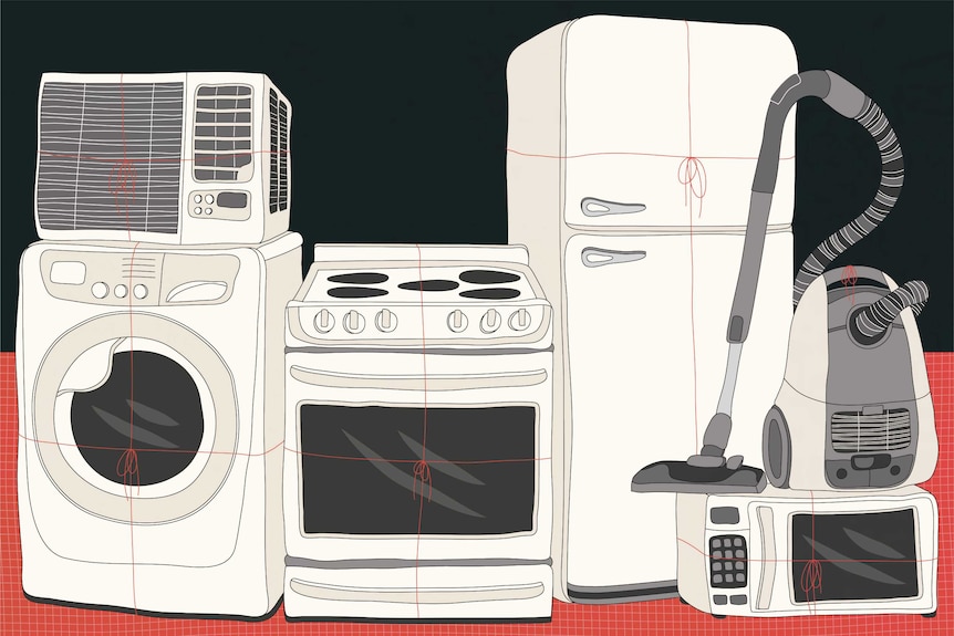 An illustration of appliances including a fridge, washing machine and vacuum cleaner.