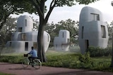 An illustration of 3D-printed concrete houses in a Dutch neighbourhood.