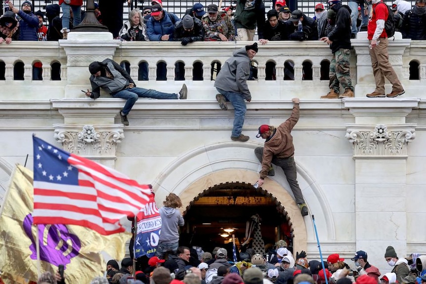 워싱턴 DC의 국회의사당에서 사람들이 벽을 오르고 있다.