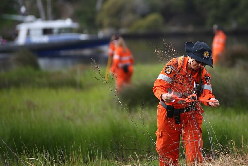 A SES worker in an orange uniform ties an orange ribbon onto reeds near a river as others search in the background.
