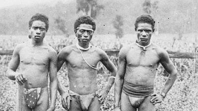 Male South Sea Islanders smoking pipes in Queensland, taken circa 1885.