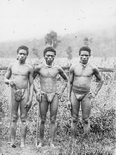 Male South Sea Islanders smoking pipes in Queensland, taken circa 1885.