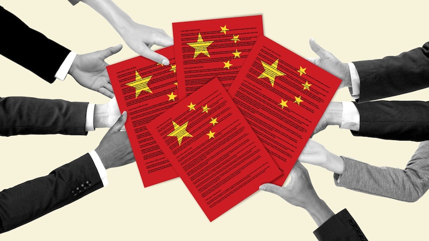 An illustration shows several hands, arranged in a circle, holding sheets of paper marked with the Chinese flag.