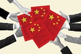 An illustration shows several hands, arranged in a circle, holding sheets of paper marked with the Chinese flag.