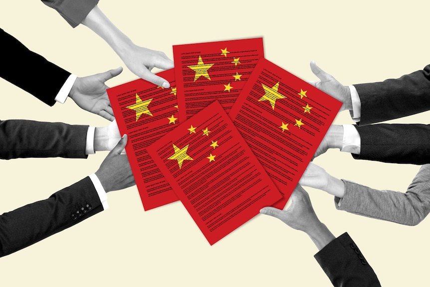 An illustration shows several hands, arranged in a circle, holding sheets of paper marked with the Chinese flag.