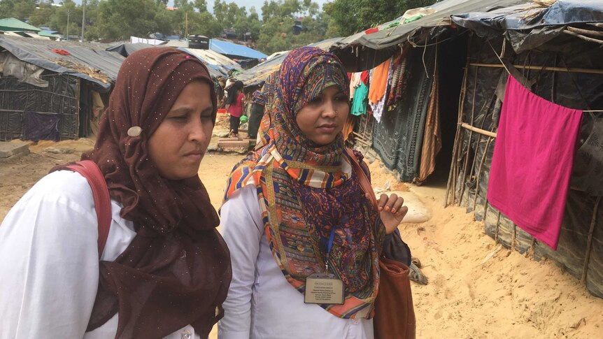 Family planning outreach volunteers Shaheen Akhtar and Kulsum in Balukhali camp.