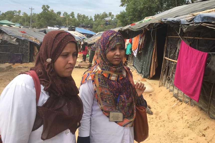 Family planning outreach volunteers Shaheen Akhtar and Kulsum in Balukhali camp.