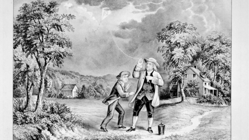 A depiction of Franklin and his son conducting the experiment, which led him to invent the lightning rod